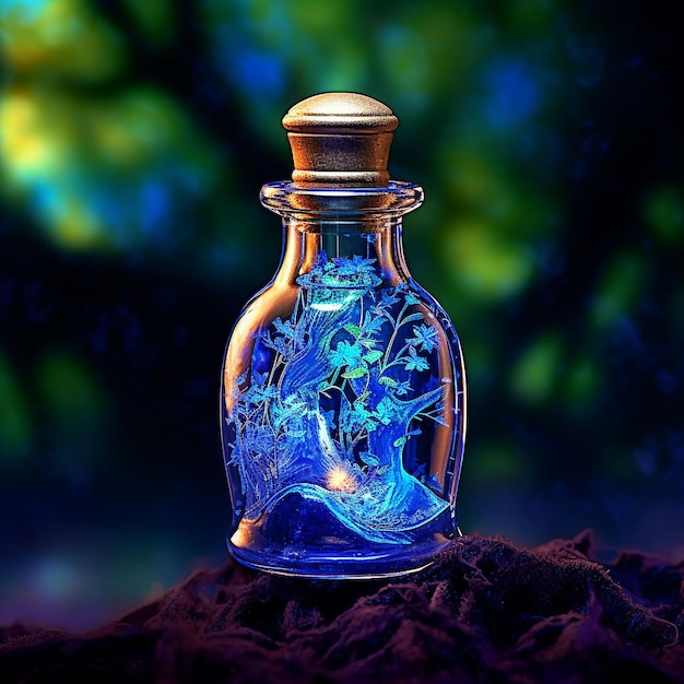 Eine Flasche blaue Flüssigkeit mit einer blauen Flasche mit einem Baum darin.