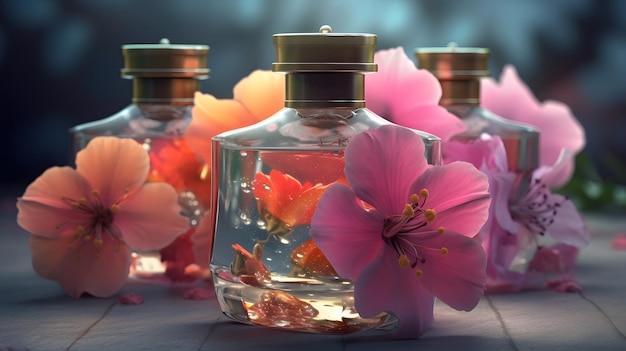 Eine Flasche Blumen mit einer rosa Blume in der Mitte