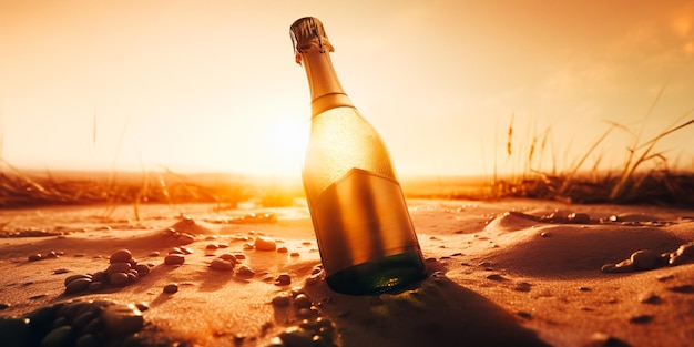 Eine Flasche Champagner am Strand, dahinter die untergehende Sonne