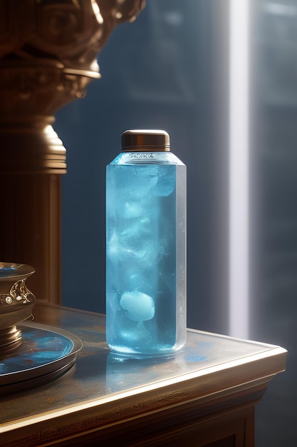 Eine Flasche Flüssigkeit mit einer blauen Flasche, auf der "blaue Flasche" steht