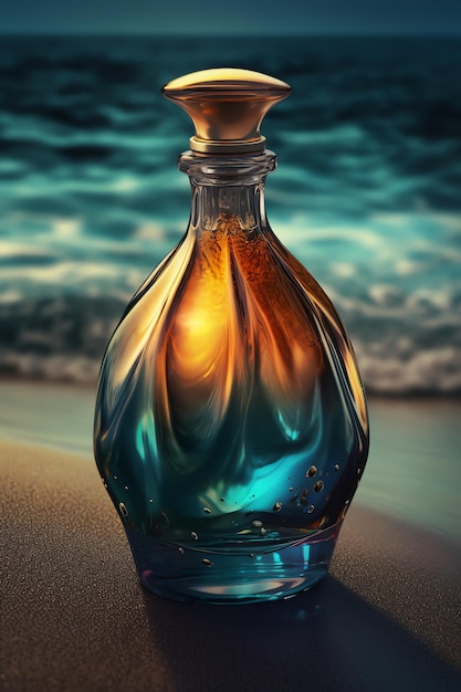 Eine Flasche Flüssigkeit mit einer blauen und orangefarbenen Flüssigkeit am Boden.