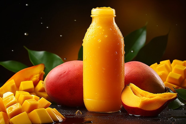 Foto eine flasche frisch gepressten mango-saft mit kondensationstropfen an der oberfläche