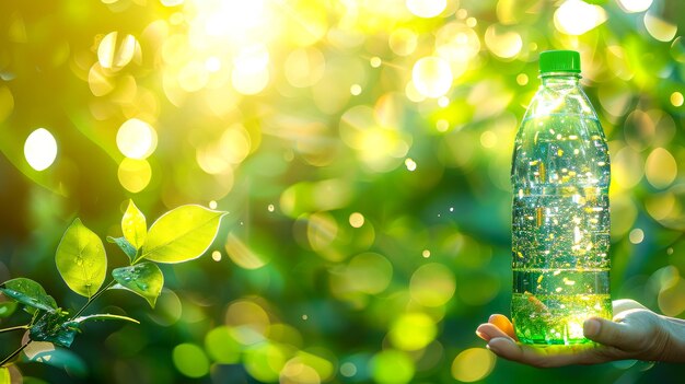 eine Flasche grünes Getränk in der Hand