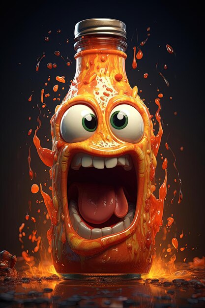 eine Flasche heiße Soße in Flammen mit Fingern und Augen im Stil schriller Zeichentrickfiguren