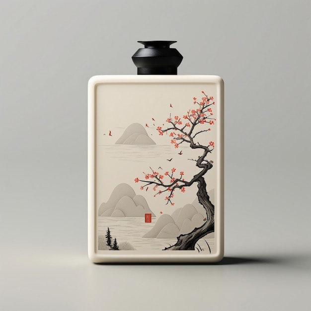 eine Flasche japanische Architektur mit einem Baum im Hintergrund.