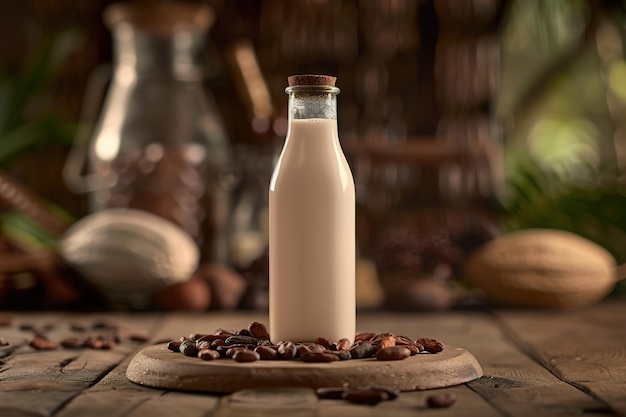 Eine Flasche Kakaowasser umgeben von Kakaobohnen auf einer rustikalen Holzoberfläche, die eine natürliche Essenz aufruft