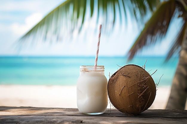 Foto eine flasche kokosmilch und eine kokosnuss auf einem tisch