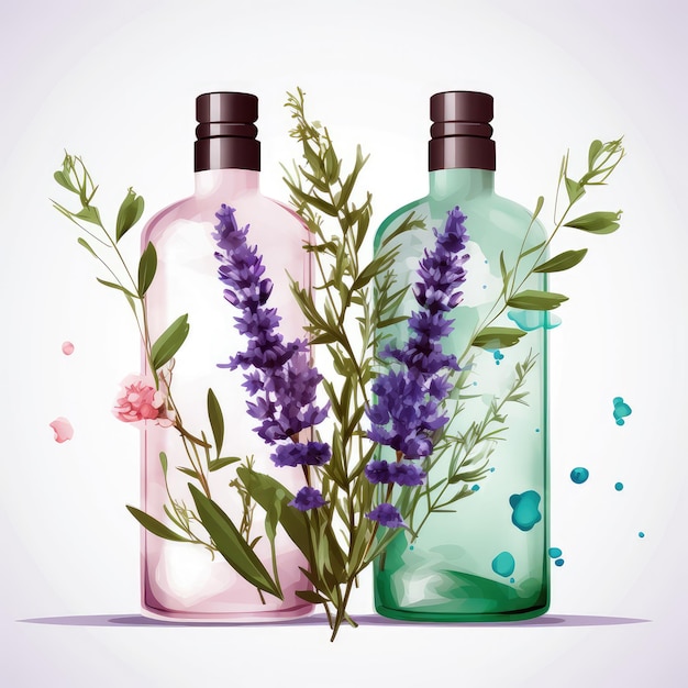 Eine Flasche Lavendel und eine Flasche Parfüm mit Blumen darauf.