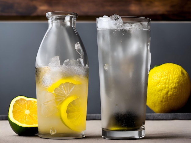 Eine Flasche Limonade neben einem Glas mit Eis und Zitronenscheiben.