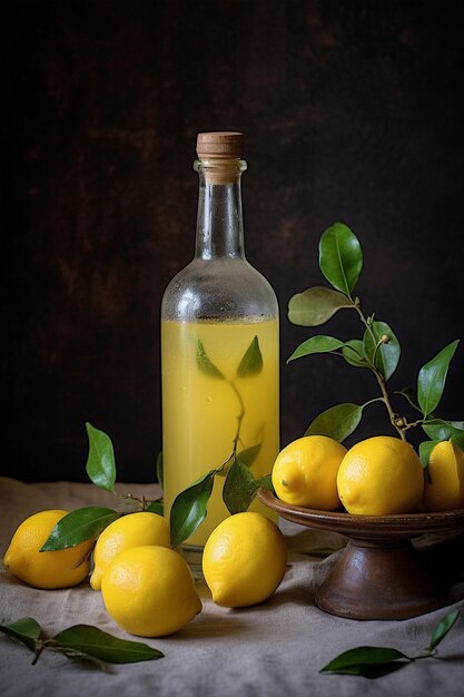 Eine Flasche Limoncello und Zitrone auf leicht rustikalem Hintergrund Zitronenlikör