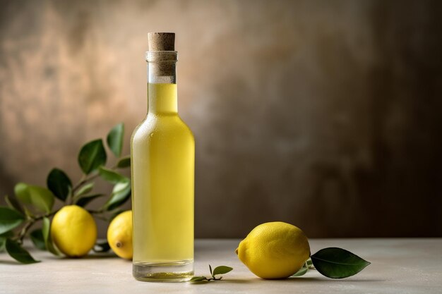 Eine Flasche Limoncello und Zitrone auf leicht rustikalem Hintergrund Zitronenlikör