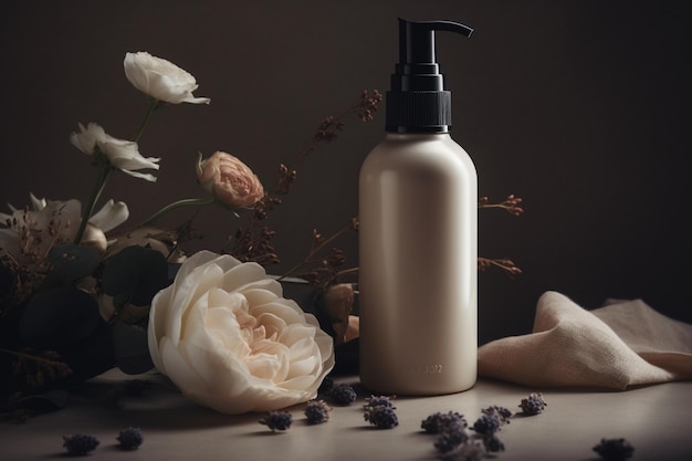 Eine Flasche Lotion mit einer Flasche Handcreme neben einem Blumenstrauß.