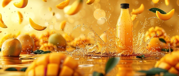 Eine Flasche Mango-Saft mit Spritzen und ein Logo in diesem horizontalen Banner mit 3D-realistischer Mango-Sauce-Werbung Generative KI