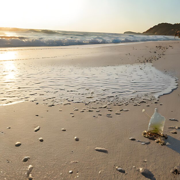 eine Flasche Meeresmuscheln sitzt am Strand mit einer Welle im Hintergrund