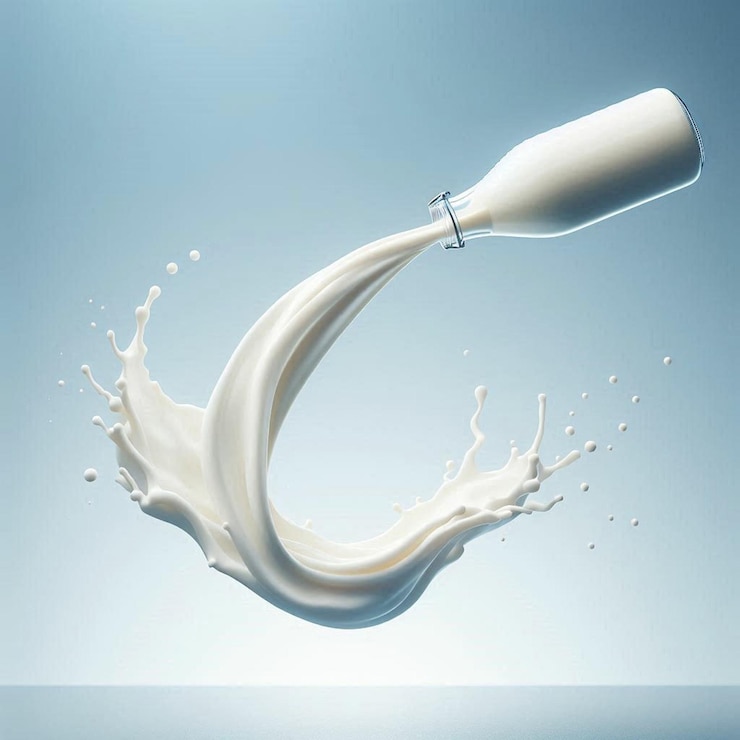 Foto eine flasche milch fließt aus einer röhre