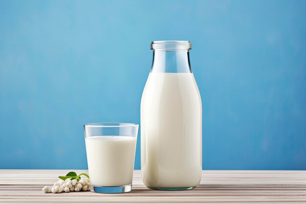 Eine Flasche Milch und ein Glas Milch auf einem Holztisch auf blauem Hintergrund