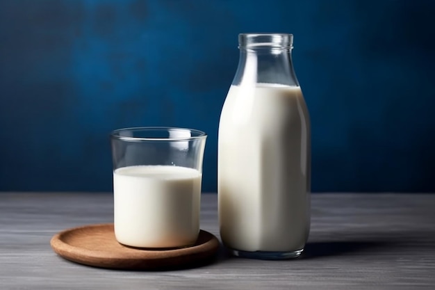 Eine Flasche Milch und ein Glas Milch auf einem Tisch.