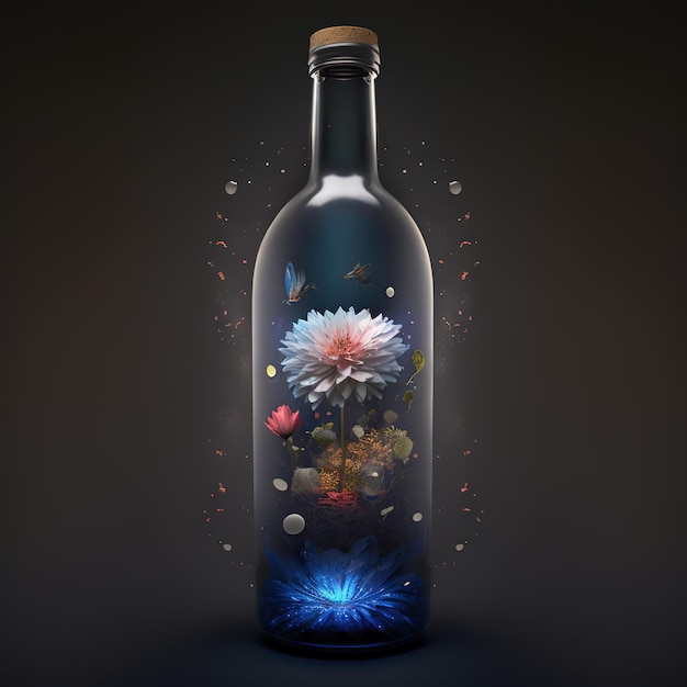 Eine Flasche mit Blumen und eine blaue Flasche mit goldenem Verschluss.