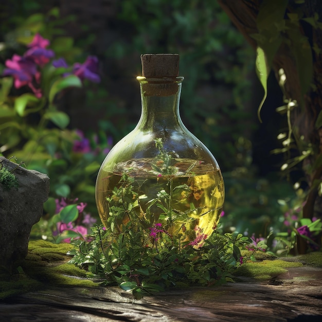 eine Flasche mit einem Kork und einer Pflanze in der Mitte