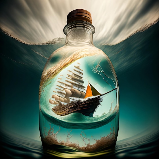 Eine Flasche mit einem Schiff darin, auf dem „das Wort“ steht.