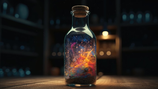 Eine Flasche mit einer bunten Botschaft mit der Aufschrift „Galaxie“.