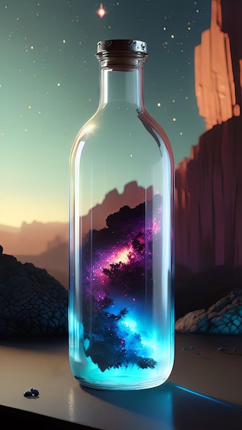 Eine Flasche mit einer Galaxie darin, die sich in einer Wüste befindet.