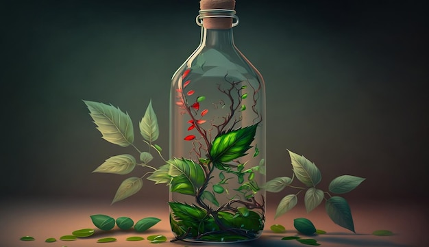 Eine Flasche mit einer Pflanze darin