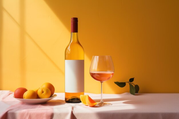 Foto eine flasche obstwein auf einem gelben hintergrund mit sonnenstrahlen