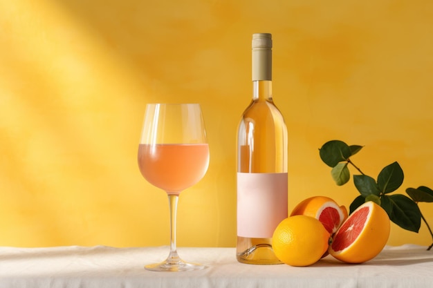 Foto eine flasche obstwein auf einem gelben hintergrund mit sonnenstrahlen