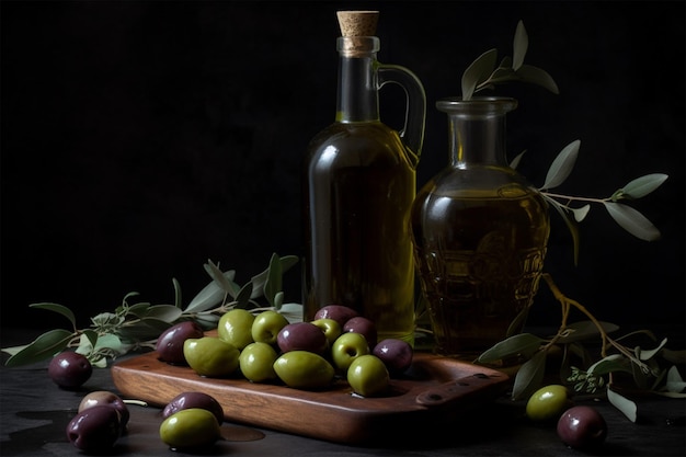 Eine Flasche Olivenöl mit Oliven und Blättern