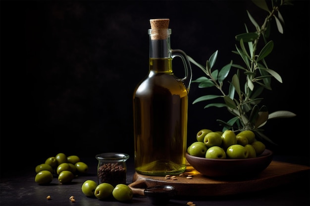 Eine Flasche Olivenöl mit Oliven und Blättern