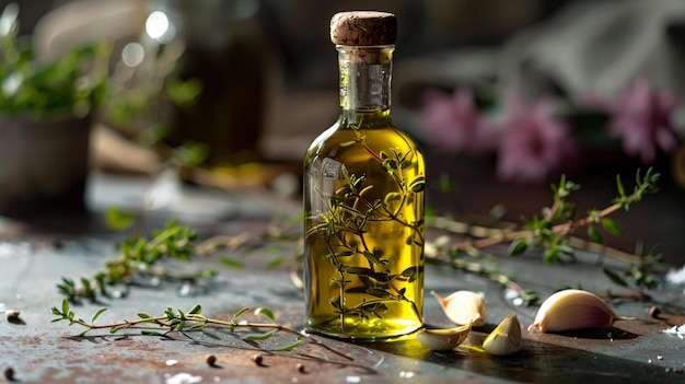 eine Flasche Olivenöl sitzt auf einem Tisch mit einer Blume in der Mitte