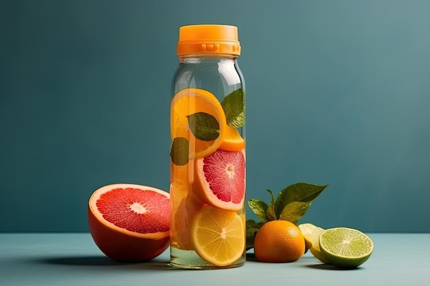 Eine Flasche Orangensaft mit Grapefruit und Grapefruit als Beilage.