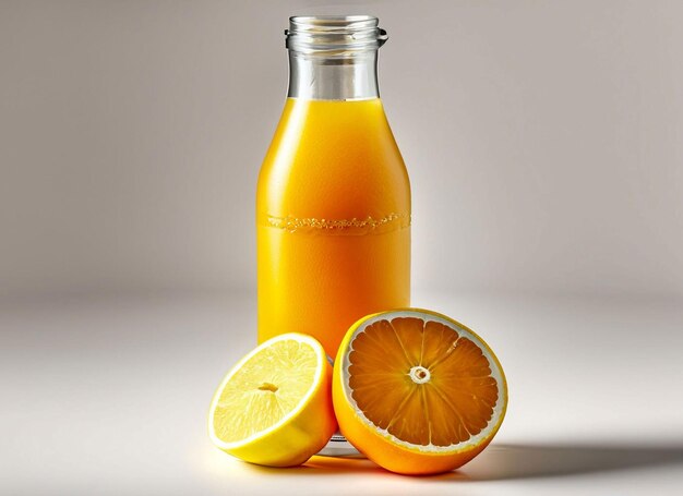 Eine Flasche Orangensaft mit zwei Orangen daneben.