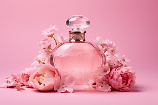 Eine Flasche Parfüm mit Blumen auf rosa Hintergrund.