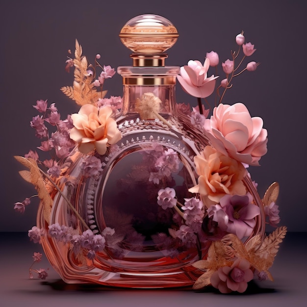 Eine Flasche Parfüm mit Blumen darauf