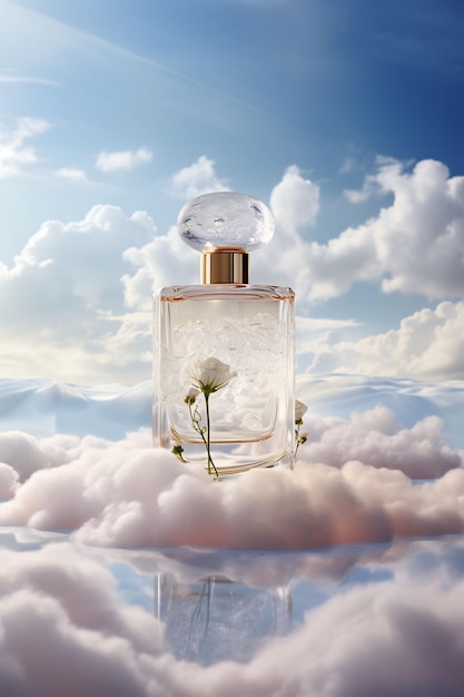 eine Flasche Parfüm mit einer Blume in der Mitte der Wolken