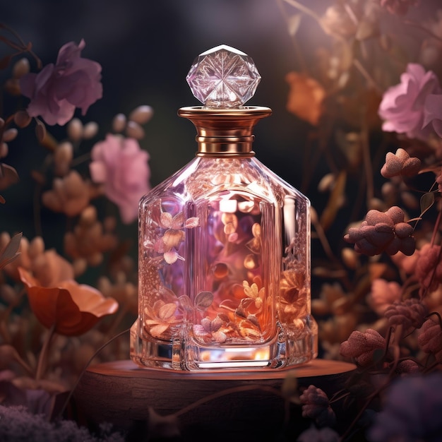 Eine Flasche Parfüm mit einer rosa Blume im Hintergrund.