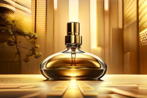 Eine Flasche Parfüm mit goldenem Hintergrund