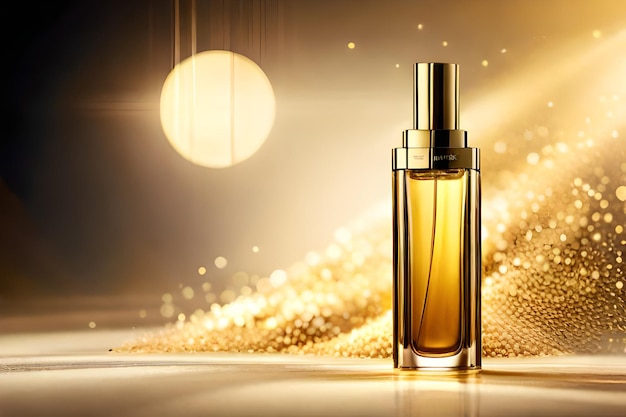 Eine Flasche Parfüm mit goldenem Hintergrund