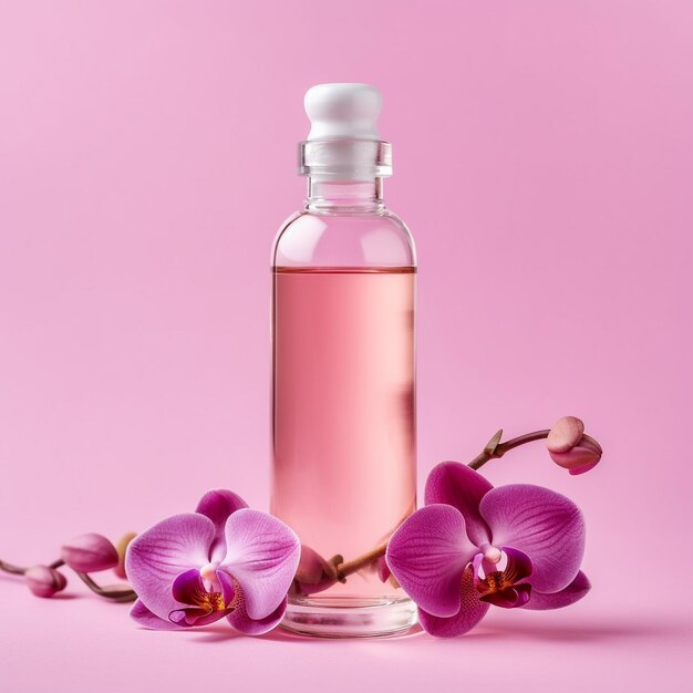 eine Flasche Parfüm mit lila Blüten auf rosa Hintergrund.