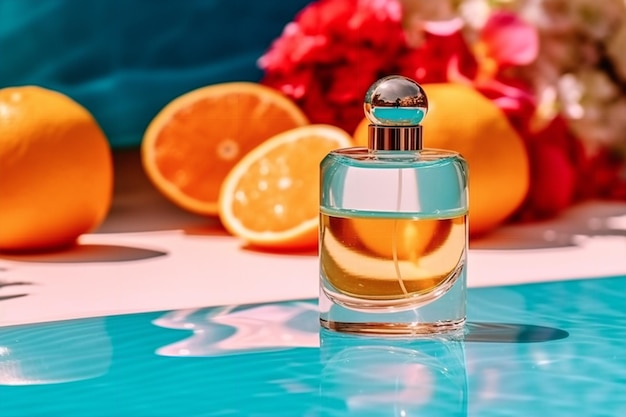 Eine Flasche Parfüm mit Orangen auf blauem Hintergrund