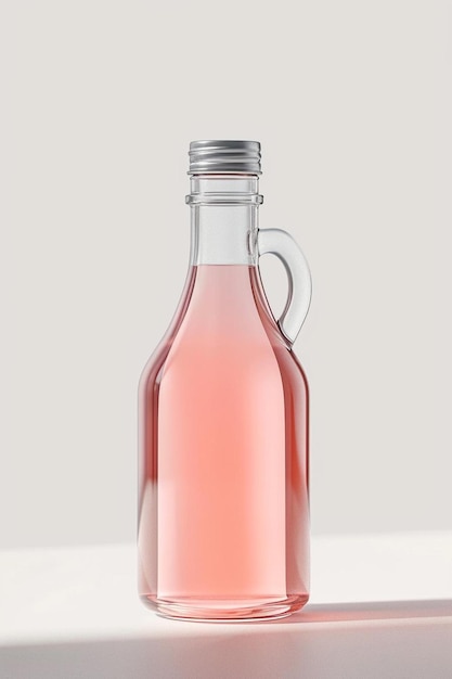 Eine Flasche rosa Flüssigkeit steht auf einem Tisch