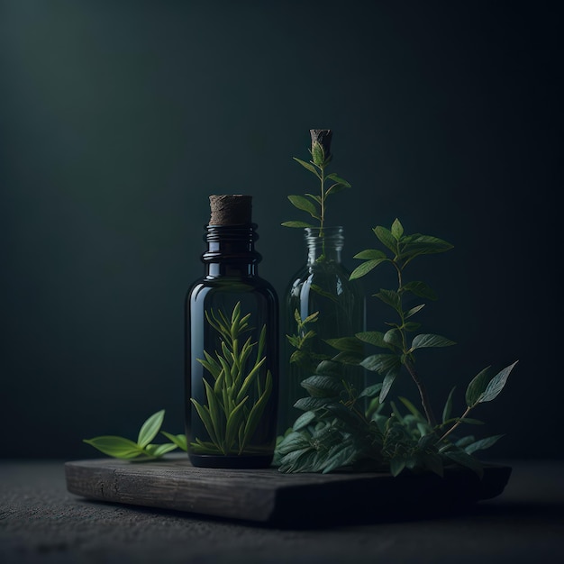 Eine Flasche Rosmarin steht mit anderen Kräutern auf einem Tisch.