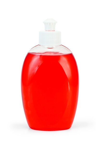 Eine Flasche rote Flüssigseife isoliert auf weißem Hintergrund