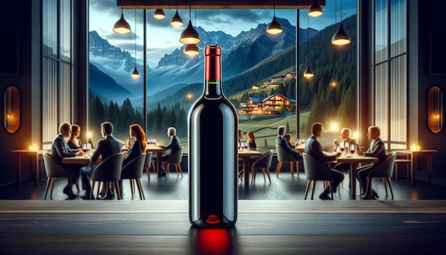 Eine Flasche Rotwein im Hintergrund eines Restaurants