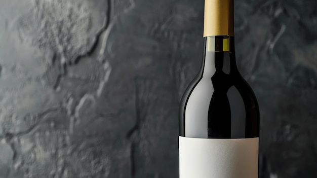 Eine Flasche Rotwein mit einem leeren Etikett auf einem dunklen Steinhintergrund
