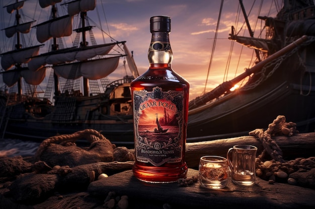 Eine Flasche Rum oder Whiskey am Strand mit einem Piratenschiff im Hintergrund