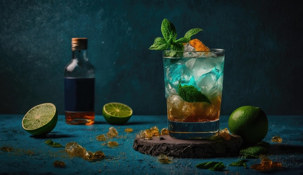 Eine Flasche Rum und ein Glas Alkohol mit einer grünen Flüssigkeit daneben.