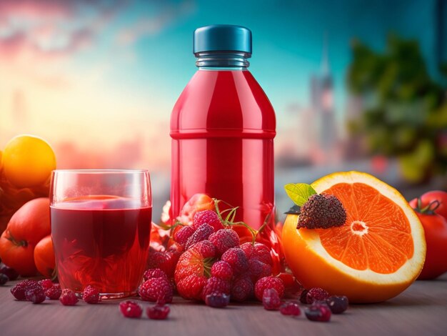 Eine Flasche Saft mit einem Glas rotem Saft und einer Flasche Obst daneben.